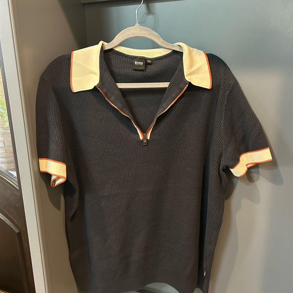 Hugo Boss Men's Navy Shirt with Cream and Orange Accents